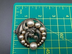 Vintage Pot Metal Large Faux Pearl Art Nouveau Leaf Brooch Pin