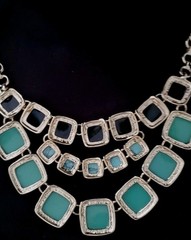 ANNE KLEIN Vtg Necklace Varied Aqua Stones, Tri-Stand Design, Golden- Toned Base