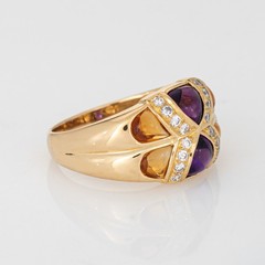80s Portuguese Ring Amethyst Citrine Diamond 19k Yellow Gold Sz 6.5 Fine Jewelry