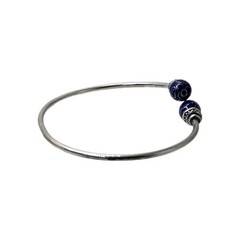 925 Silver Blue Cloisonne Floral Enamel Bead Bangle 1950s-1970s 7.1g