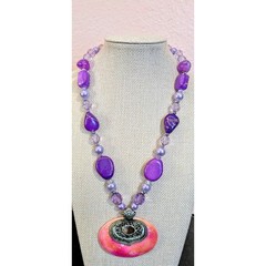 Chunky Purple Beaded Statement Necklace Coral Pink Resin Pendant Boho Chic 19″