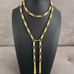 Vintage Gold Tone Geometric Bar Link Chain Long Lariat Necklace Tassel 40”
