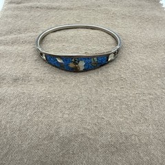Vintage Silver Tone 6-3/4” Bracelet Abalone And Mini Blue Stone Inlay Jewelry