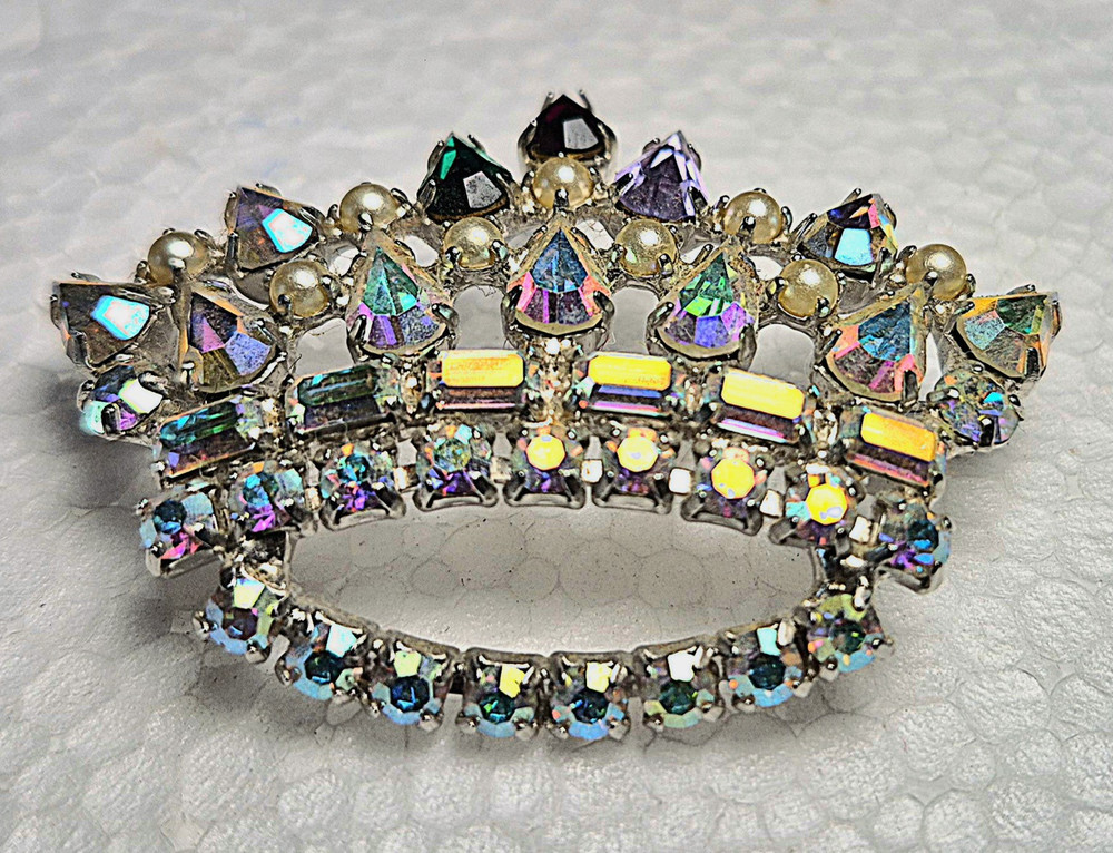 Signed Crown Brooch Pin Silver Tone AB Multicolor Rhinestones Faux Pearls