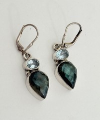 Vintage Sterling Silver Blue Topaz Labradorite Drop Dangle Lever-back Earrings