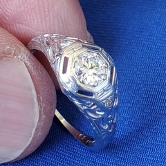Original EARTH MINED DIAMOND Deco Engagement Ring 18K WHITE GOLD Solitaire S 6