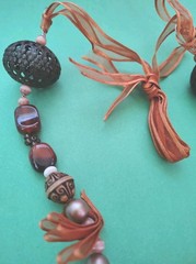 Vintage Lucite ROSE, AMBER STONE, Pink Cat’s Eye Beaded Necklace W/ Ribbon Tie