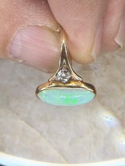 Australian Opal Ring (A), 2 Small Diamonds Each Side. 10K Gold, Antique, Sz.6.25