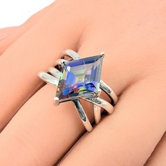 Contemporary Marked Sterling Silver Lozenge Cut Mystic Topaz Ring Sz 10