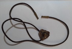 VTG Bolo Tie Leather, Bronze-Tone Pewter(??) Brown Polished Stone *READ ALL*