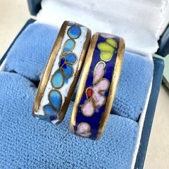 Vintage Cloisonné Enamel Ring Stack Floral Pink Blue White Pastel Band Rings 7
