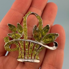 Vintage Flower Basket Brooch Pin Lot Silver Tone Green Resin Some Signed