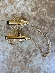 Vintage Sweater Clips Gold Tone Flower Faux Pearl Chain Mid Century 1950s