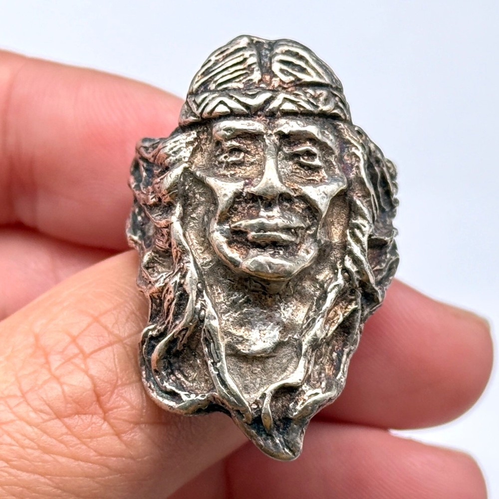 Vintage Cameo Native American Figure Silver Dimensional Ring Size 9.75