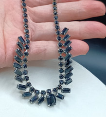 Vintage Art Deco French Jet Necklace Black Glass Square Rhinestone 15″