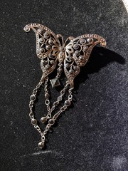 Vintage Butterfly Silver Tone Filigree Black Rhinestone Brooch Pin Marcasite