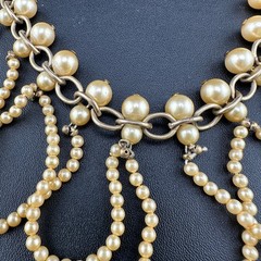 Vintage Faux Pearl Fringe Chain Necklace Gold Tone Beaded Dangle Charm Old Clasp
