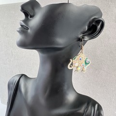 AB Beaded Elephant Earrings Boho Green Enamel Rhinestone Lucky Dangle Gold Tone