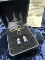 Vtg Faux Blue Sapphire Gold tone Earrings & Necklace Set Publishers Clearing