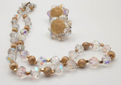 Vintage gold tone clear AB faceted crystal necklace and clip on earrings set