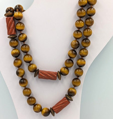 Tiger’s Eye Terracotta Jasper Beaded Necklace Vintage 32 In Long Silk Knotted