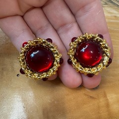 Vintage Ruby Red Glass Cabochon Gold Tone Ornate Statement Stud Earrings