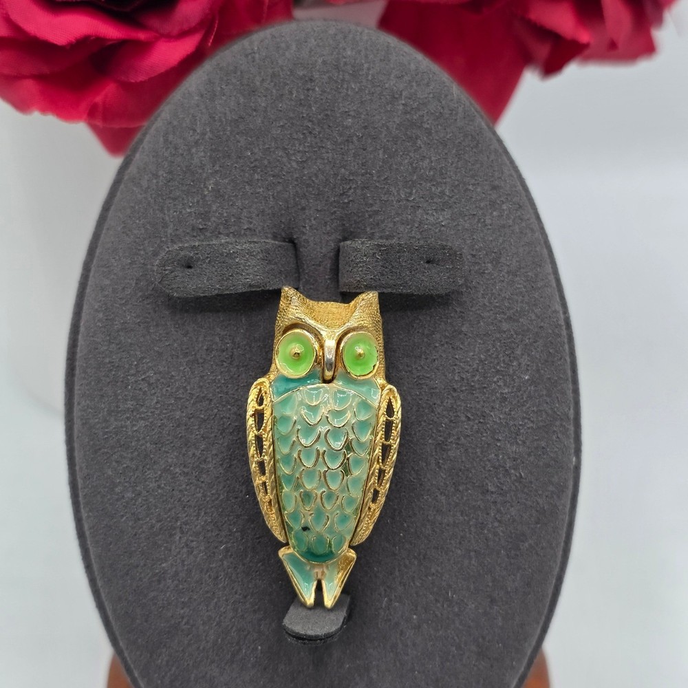 Vintage Gold Tone Teal Green Enamel Owl Brooch Bird Pin Whimsical Animal Retro