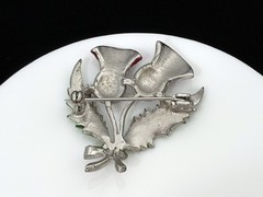 Vintage Scottish Thistle Pot Metal Enamel & Marcasite Flower Brooch Pin