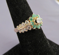 ANTIQUE BRISTOL 14K YELLOW GOLD TIERED EMERALD DIAMOND CLUSTER HALO RING