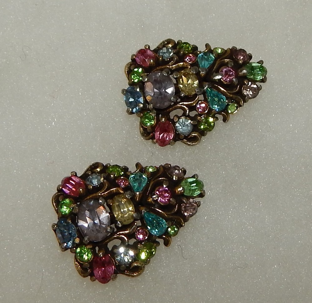 Pair Vintage Hollycraft Signed Colorful Rhinestone Duet Pins Brooches