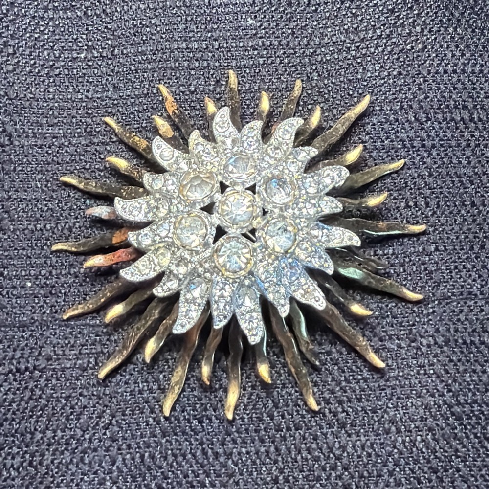 Art Deco Two Tone Rhinestone Starburst Brooch Missing Stones