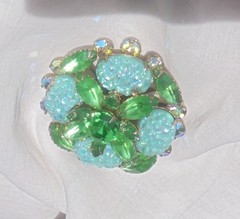 Vintage Aqua Lava Glass Green and AB Rhinestone Flower Brooch