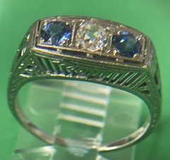 18k White Gold Art Deco Natural European Cut Diamond & Sapphire Ring