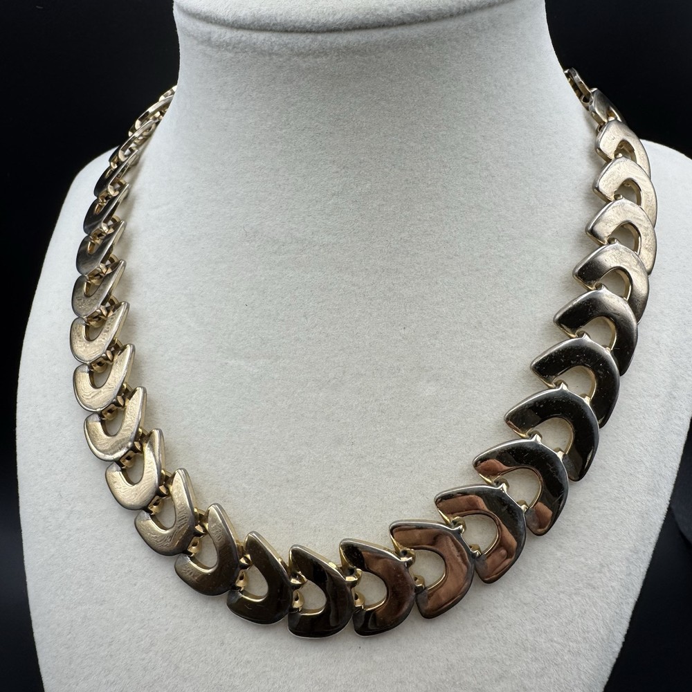 Signed Monet Crescent Link Collar Necklace Gold Tone 1980s Vintage 16