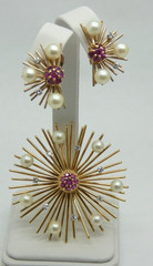 Mid Century Solid Gold Starburst Brooch & Earring Set w/ Pearls Diamonds Rb