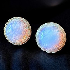 Opal Glass Clip On Earrings Iridescent Dome Gold Tone Vintage Mid Century