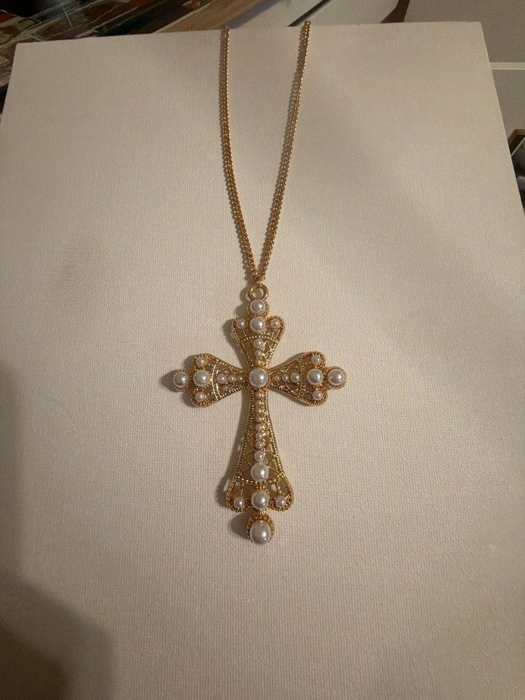 Vintage Gold Tone Filigree 3.5 “ inch Cross Pendant Necklace with Faux Pearls