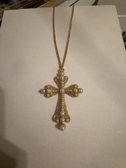 Vintage Gold Tone Filigree 3.5 “ inch Cross Pendant Necklace with Faux Pearls
