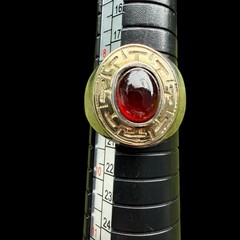 Sz 9 VTG Chateau d’Argent 14k & 925 Greek Key Red Cabochon Signet Ring 8.25g TW