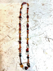 Vintage 25+” necklace, handmade Enameled beads, copper, coral, agate, jasper,Exc