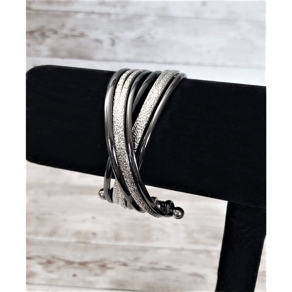 Vintage Bracelet / Bangle / Cuff Stunning Dark Gray & Silver Tone Cross Over