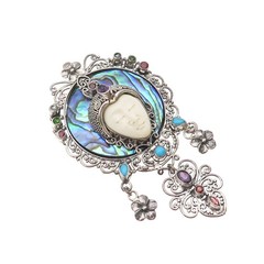 925 Sterling Vintage Real Abalone Shell & Multi-Color Gem Goddess Slide Pendant