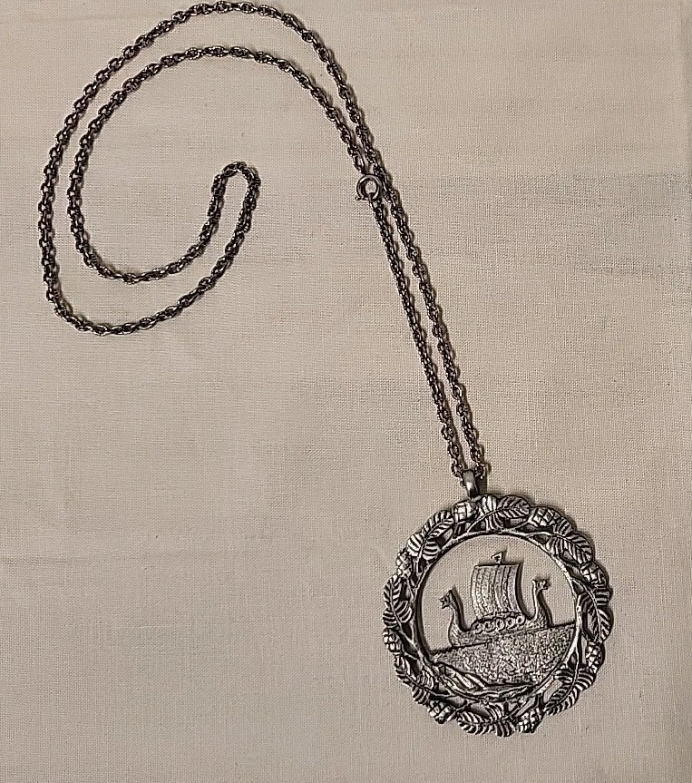 Vintage Norway Viking Ship Necklace Souvenir Pewter Pendant w/ Chain