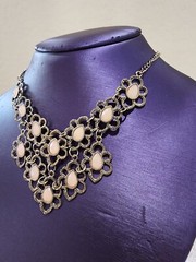 Gold Flower Faceted Light Pink Teardrop Accent Statement Bib Necklace
