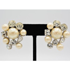 Vintage Crystal Cluster Earrings Chunky Rhinestone Pearl Heavy Bridal NOS 1980s