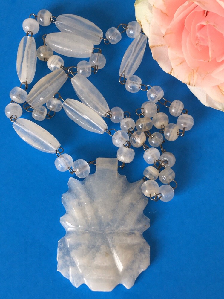 Vintage WHITE BLEACHED MEXICAN ONIX Carved NECKLACE Beaded TRIBAL Slip On 24″