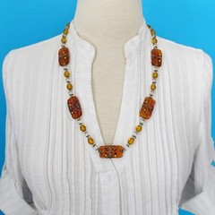 Vintage 1940s Venetian Wedding Cake Art Glass Bead Necklace Topaz Amber 25in