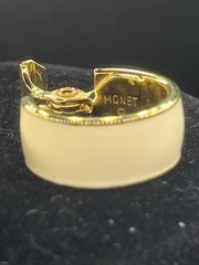 Vintage Monet Signed Hinged Clip-On Enamel Gold Tone Hoop Earrings