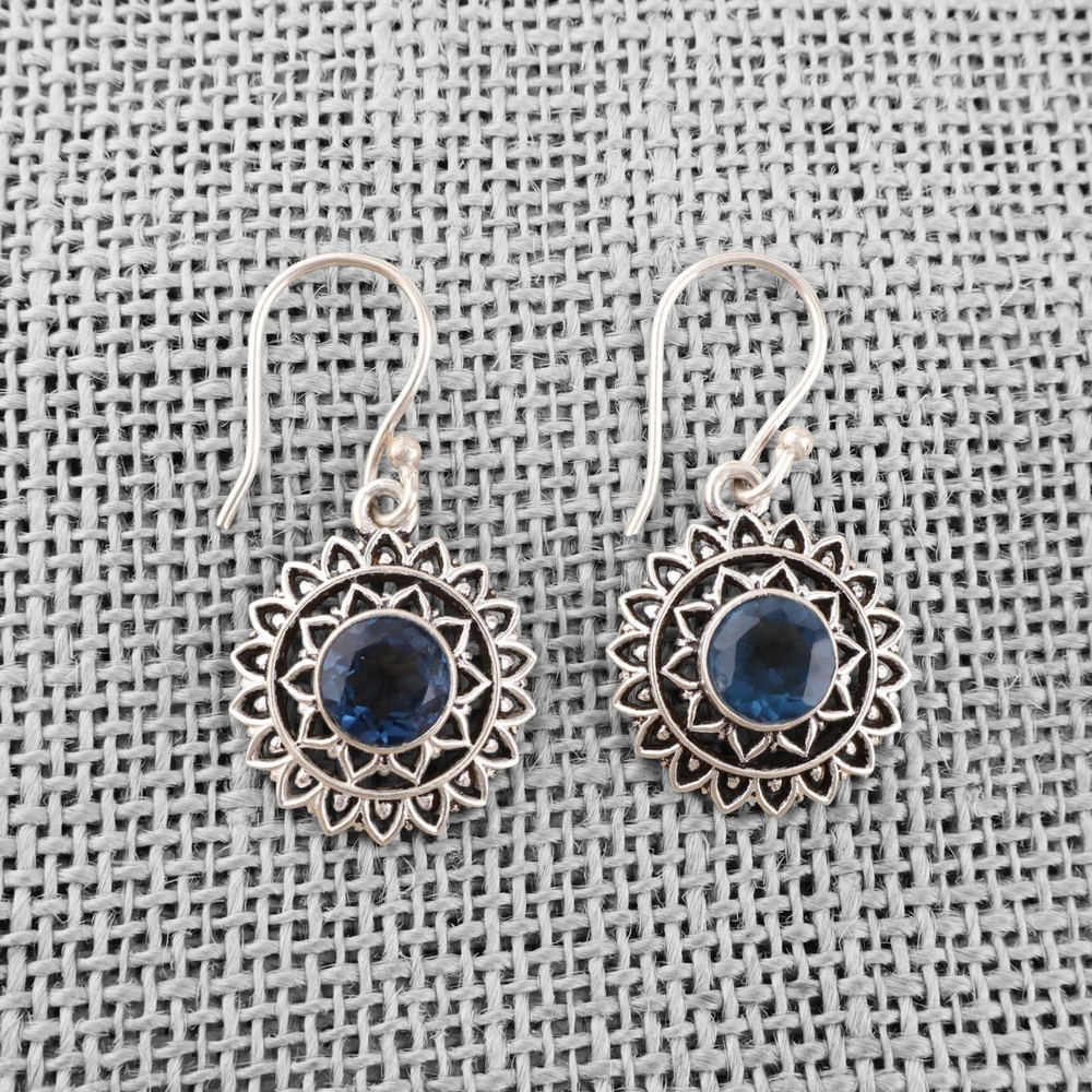 London Blue 925 Sterling Silver Topaz Round Drop Pendant Earrings