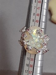 Opalite cabochon ring W/cherry blossom design silvertone metal red stones size 6